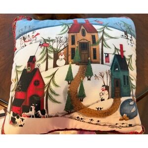 Wilson & Wilson Christmas Winter Farm Scene Decorative Pillow Red Plaid Accent